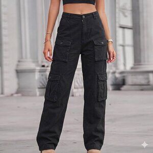 💥🚀💥 F21 Black Cargo Pants Size L Utility Multi Pocket Streetwear Y2K Style